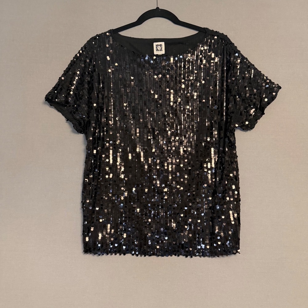 Anne Klein Womens Black Sequin Short Sleeve Top Boat Neck Party Holiday Size M
